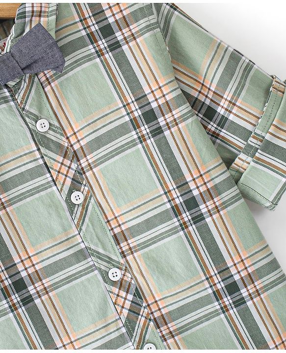 Babyhug Cotton Woven Full Sleeves Shirt Checkered with Bow - Green