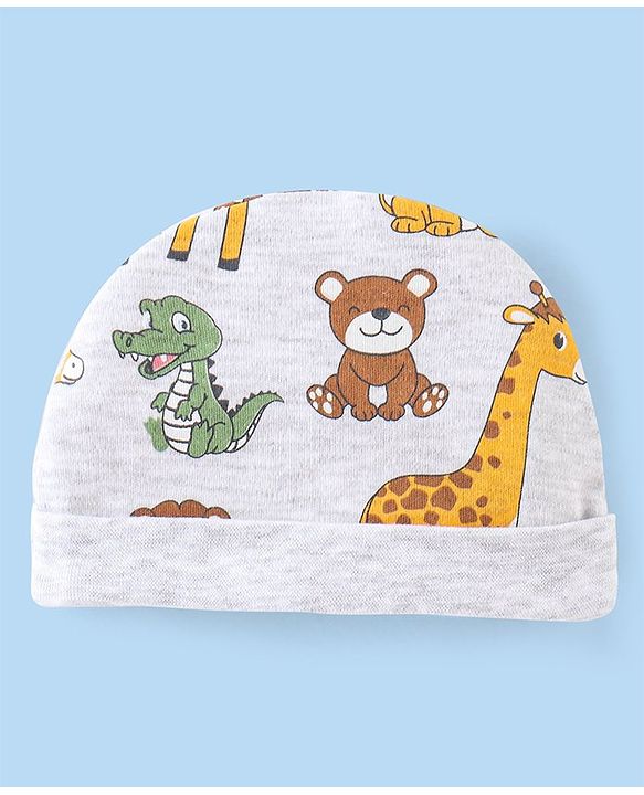 Babyhug 100% Cotton Knit Cap Mittens & Booties Set Teddy Print - Grey