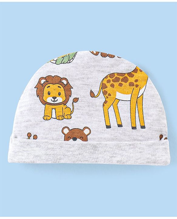 Babyhug 100% Cotton Knit Cap Mittens & Booties Set Teddy Print - Grey