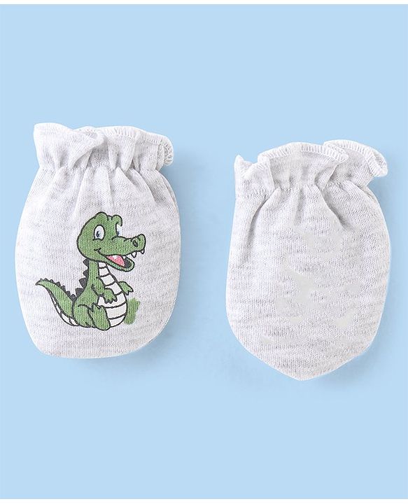 Babyhug 100% Cotton Knit Cap Mittens & Booties Set Teddy Print - Grey