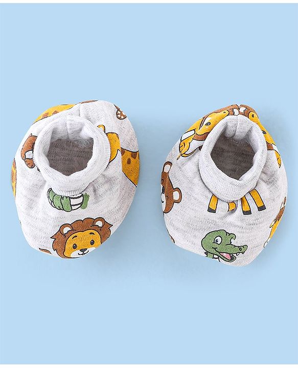 Babyhug 100% Cotton Knit Cap Mittens & Booties Set Teddy Print - Grey