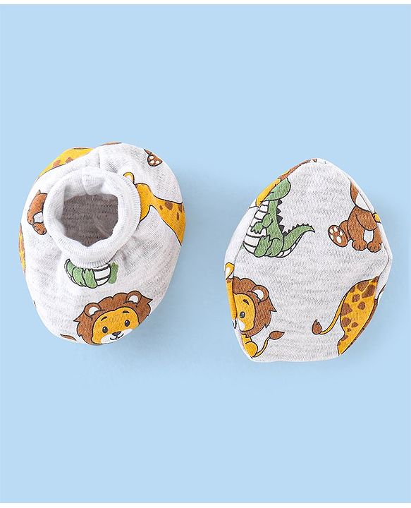 Babyhug 100% Cotton Knit Cap Mittens & Booties Set Teddy Print - Grey