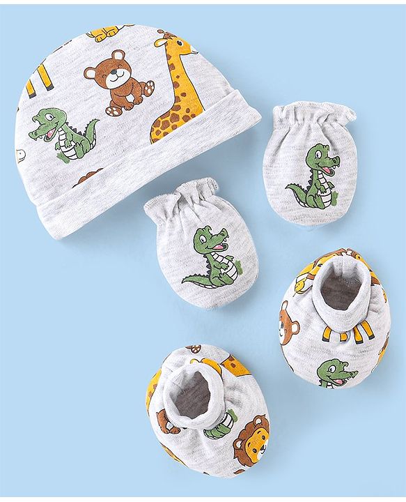 Babyhug 100% Cotton Knit Cap Mittens & Booties Set Teddy Print - Grey