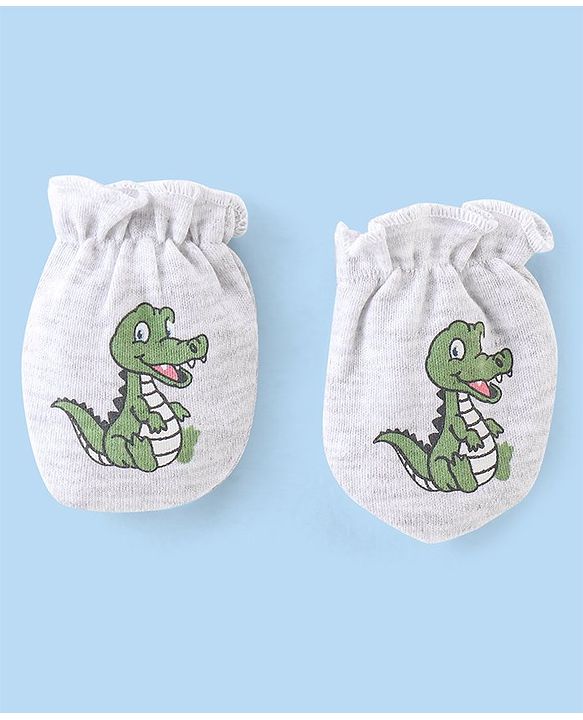 Babyhug 100% Cotton Knit Cap Mittens & Booties Set Teddy Print - Grey