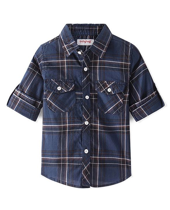 Babyhug 100% Cotton Woven Full Sleeve Check Regular Collar Double Pocket Shirt - Navy Blue