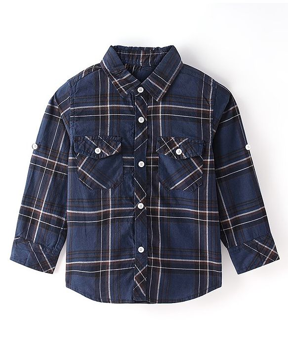 Babyhug 100% Cotton Woven Full Sleeve Check Regular Collar Double Pocket Shirt - Navy Blue