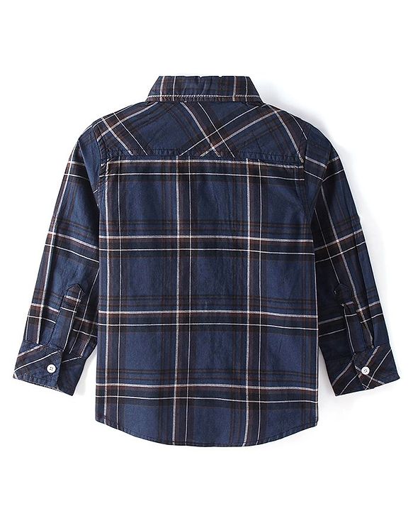 Babyhug 100% Cotton Woven Full Sleeve Check Regular Collar Double Pocket Shirt - Navy Blue