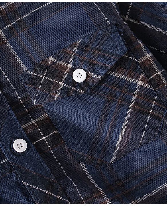 Babyhug 100% Cotton Woven Full Sleeve Check Regular Collar Double Pocket Shirt - Navy Blue