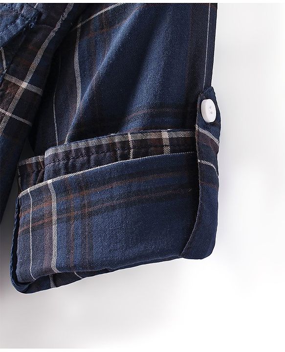 Babyhug 100% Cotton Woven Full Sleeve Check Regular Collar Double Pocket Shirt - Navy Blue