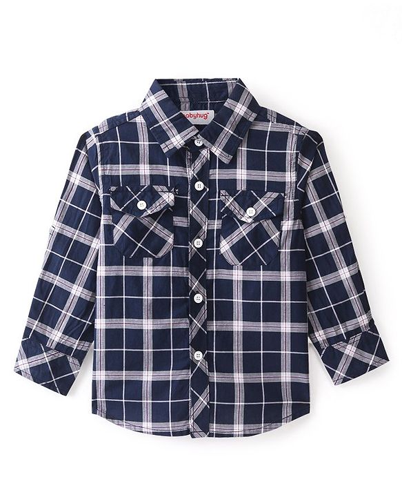 Babyhug 100% Cotton Knit Full Sleeves Shirt Checkered - Navy Blue