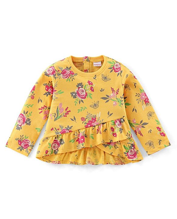 Babyhug 100% Cotton Full Sleeves Winter Top Floral Print & Frill Detailing - Yellow