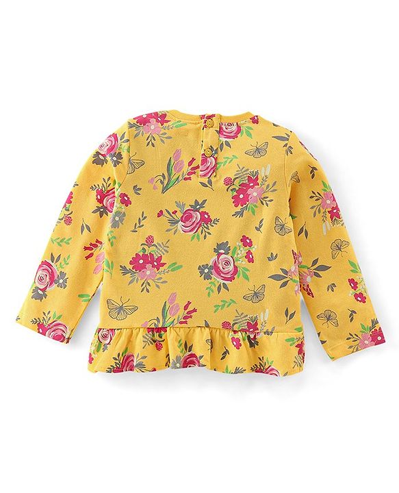 Babyhug 100% Cotton Full Sleeves Winter Top Floral Print & Frill Detailing - Yellow