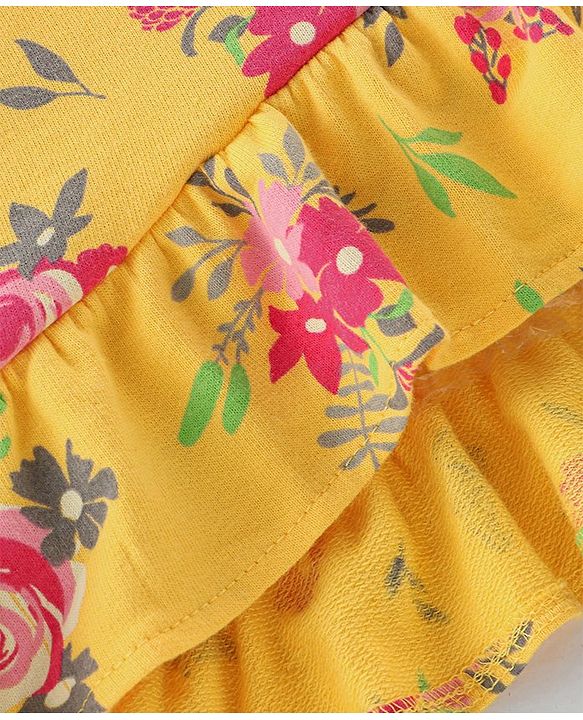 Babyhug 100% Cotton Full Sleeves Winter Top Floral Print & Frill Detailing - Yellow