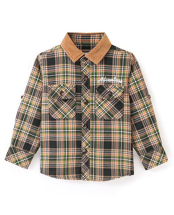 Babyhug 100% Cotton Knit Full Sleeve Shirt With Front Pockets Checkered - Blue & Green