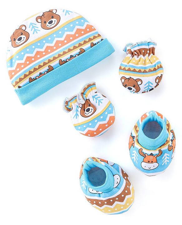 Babyhug 100% Cotton Knit Cap Mittens & Booties Set Teddy Print - Blue