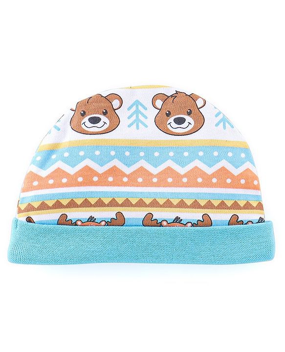 Babyhug 100% Cotton Knit Cap Mittens & Booties Set Teddy Print - Blue