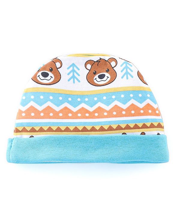 Babyhug 100% Cotton Knit Cap Mittens & Booties Set Teddy Print - Blue