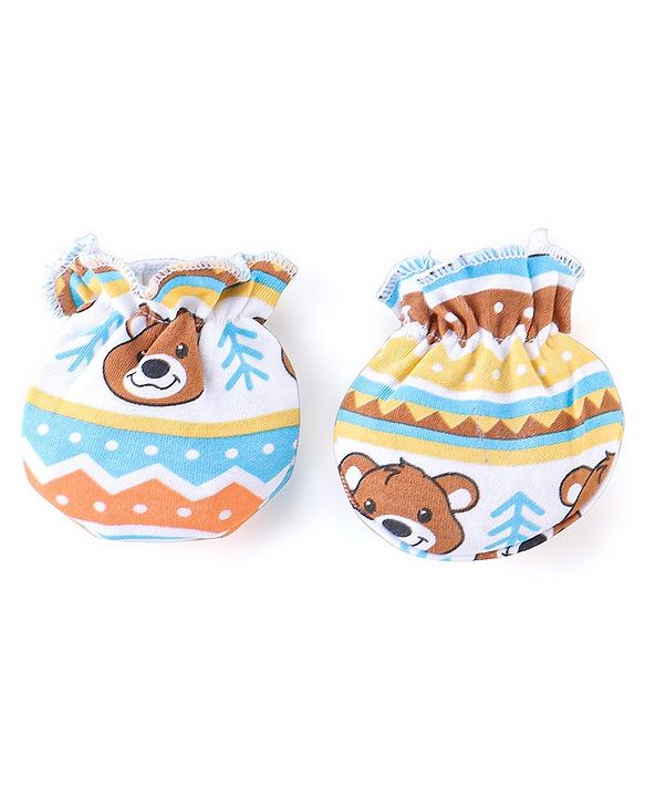 Babyhug 100% Cotton Knit Cap Mittens & Booties Set Teddy Print - Blue