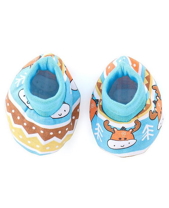 Babyhug 100% Cotton Knit Cap Mittens & Booties Set Teddy Print - Blue