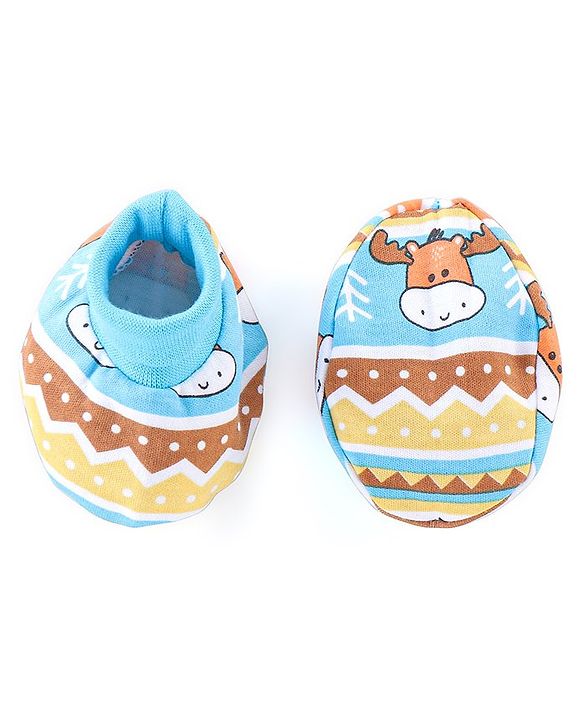 Babyhug 100% Cotton Knit Cap Mittens & Booties Set Teddy Print - Blue
