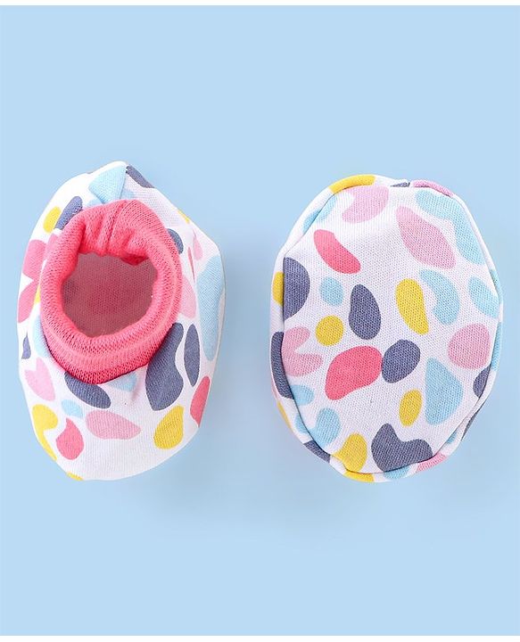 Babyhug 100% Cotton Knit Cap Mittens & Booties Set Abstract Print - Pink