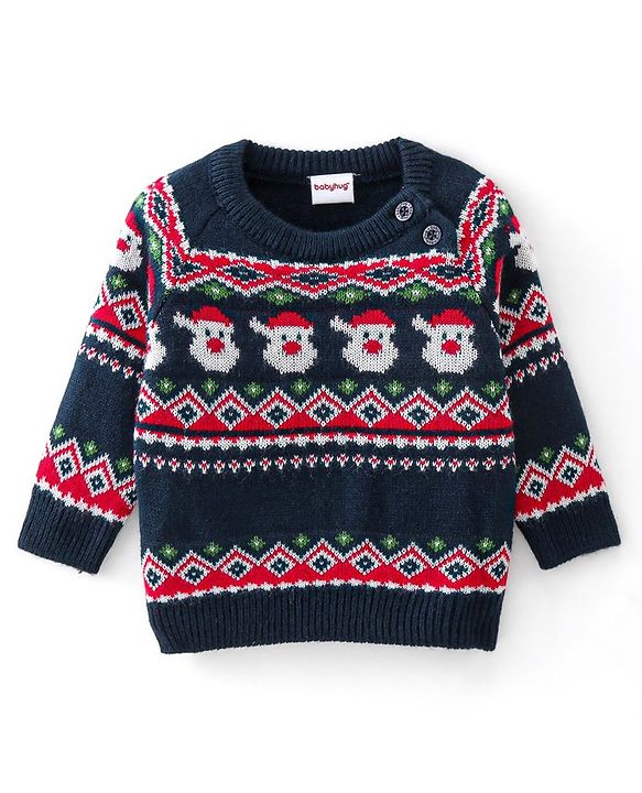 Babyhug Knitted Full Sleeves Sweater Set Christmas Theme Design - Navy Blue
