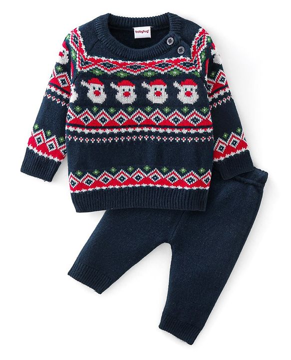 Babyhug Knitted Full Sleeves Sweater Set Christmas Theme Design - Navy Blue