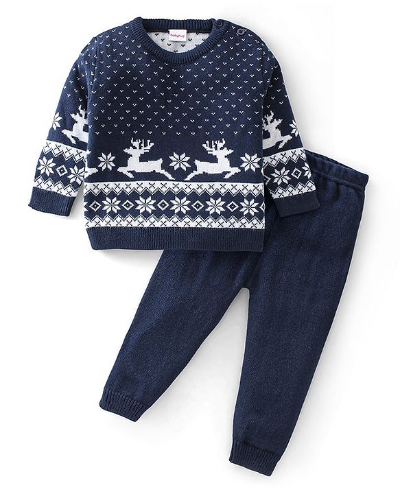 Babyhug Knitted Full Sleeves Sweater Set Deer Design - Navy Blue