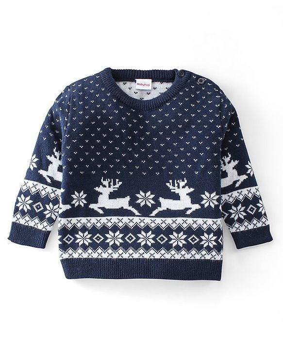 Babyhug Knitted Full Sleeves Sweater Set Deer Design - Navy Blue