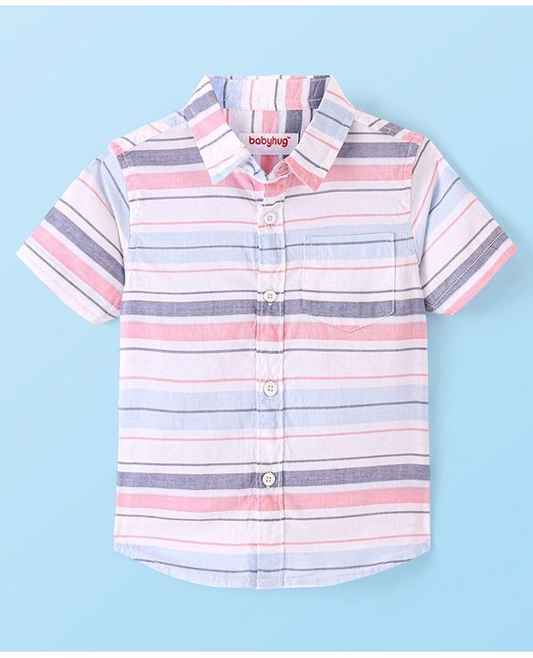 Babyhug Cotton Woven Half Sleeves Shirt Striped - White & Pink