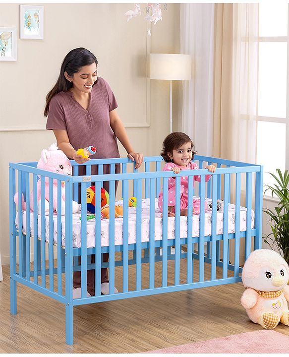 Babyhug Visby Wooden Cot - 3 Level Height Adjustment | Plug & Play Assembly | New Zealand Pine Wood | Parent Bed Attachment | Crib | Day Bed | Toddler Bed - Blue