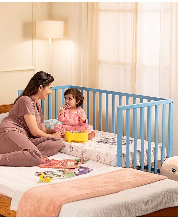 Babyhug Visby Wooden Cot - 3 Level Height Adjustment | Plug & Play Assembly | New Zealand Pine Wood | Parent Bed Attachment | Crib | Day Bed | Toddler Bed - Blue