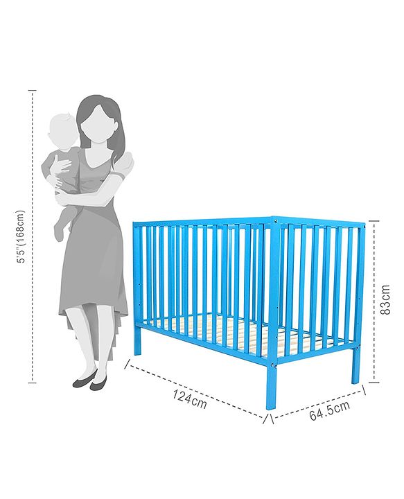 Babyhug Visby Wooden Cot - 3 Level Height Adjustment | Plug & Play Assembly | New Zealand Pine Wood | Parent Bed Attachment | Crib | Day Bed | Toddler Bed - Blue