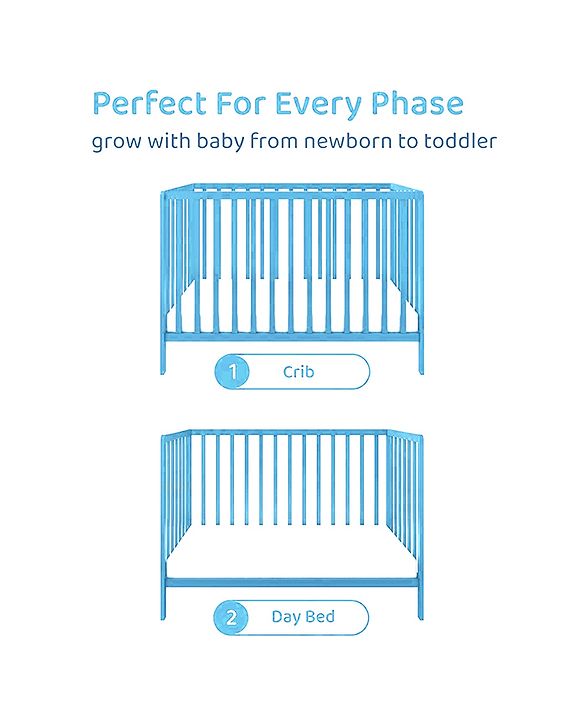 Babyhug Visby Wooden Cot - 3 Level Height Adjustment | Plug & Play Assembly | New Zealand Pine Wood | Parent Bed Attachment | Crib | Day Bed | Toddler Bed - Blue
