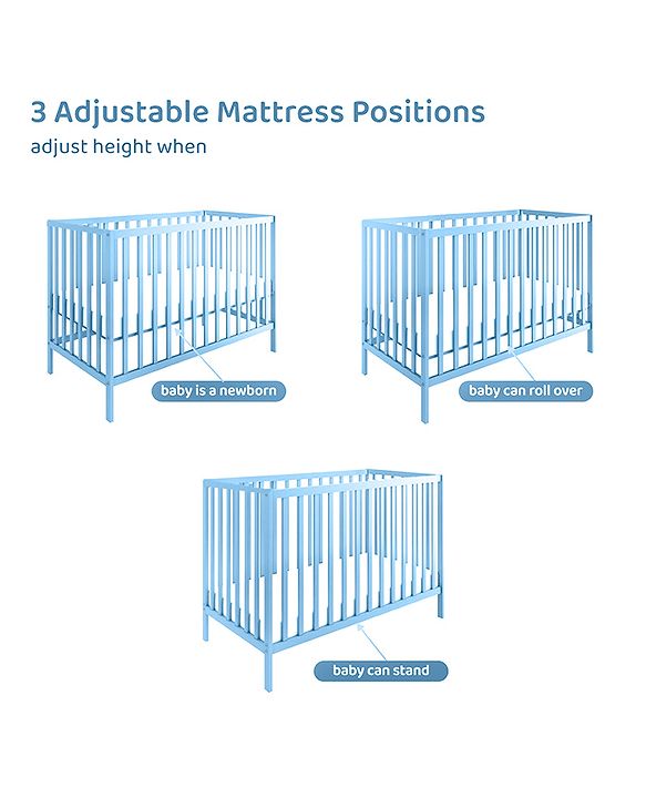 Babyhug Visby Wooden Cot - 3 Level Height Adjustment | Plug & Play Assembly | New Zealand Pine Wood | Parent Bed Attachment | Crib | Day Bed | Toddler Bed - Blue