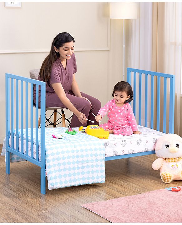 Babyhug Visby Wooden Cot - 3 Level Height Adjustment | Plug & Play Assembly | New Zealand Pine Wood | Parent Bed Attachment | Crib | Day Bed | Toddler Bed - Blue