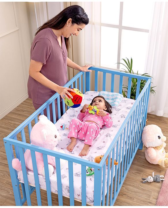 Babyhug Visby Wooden Cot - 3 Level Height Adjustment | Plug & Play Assembly | New Zealand Pine Wood | Parent Bed Attachment | Crib | Day Bed | Toddler Bed - Blue