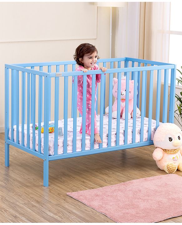 Babyhug Visby Wooden Cot - 3 Level Height Adjustment | Plug & Play Assembly | New Zealand Pine Wood | Parent Bed Attachment | Crib | Day Bed | Toddler Bed - Blue