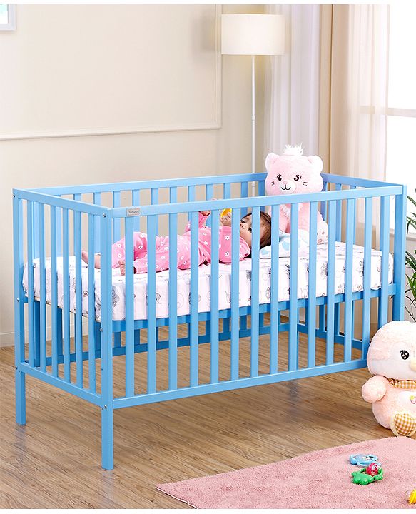 Babyhug Visby Wooden Cot - 3 Level Height Adjustment | Plug & Play Assembly | New Zealand Pine Wood | Parent Bed Attachment | Crib | Day Bed | Toddler Bed - Blue