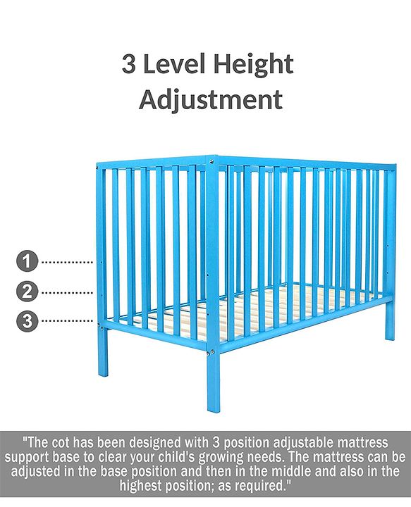 Babyhug Visby Wooden Cot - 3 Level Height Adjustment | Plug & Play Assembly | New Zealand Pine Wood | Parent Bed Attachment | Crib | Day Bed | Toddler Bed - Blue