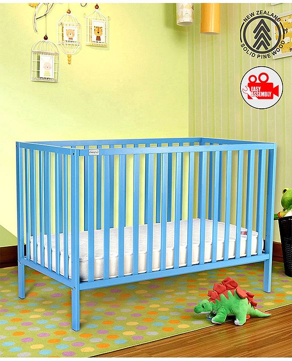 Babyhug Visby Wooden Cot - 3 Level Height Adjustment | Plug & Play Assembly | New Zealand Pine Wood | Parent Bed Attachment | Crib | Day Bed | Toddler Bed - Blue