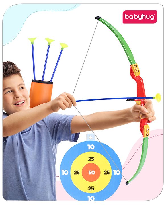 Babyhug Archery Set for Kids - Bow & 3 Suction Cup Arrows with Target Board | Safe Indoor & Outdoor Garden Play Toy for Boys & Girls | Improves Focus & Motor Skills | Ideal Birthday Gift