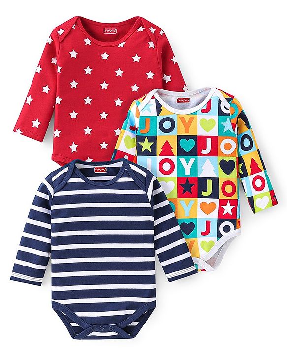 Babyhug 100% Cotton Knit Full Sleeves Stars Print Onesie Pack of 3 - Multicolour