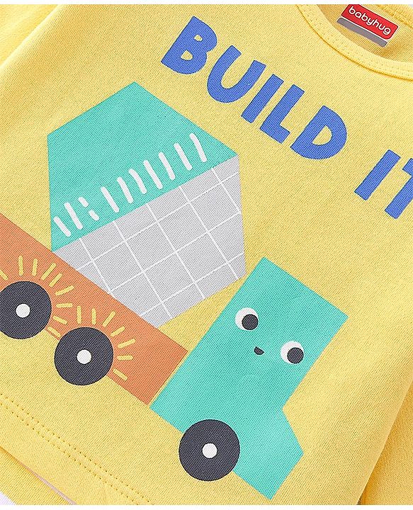 Babyhug 100% Cotton Knit Full Sleeves Onesie Truck Print - Yellow