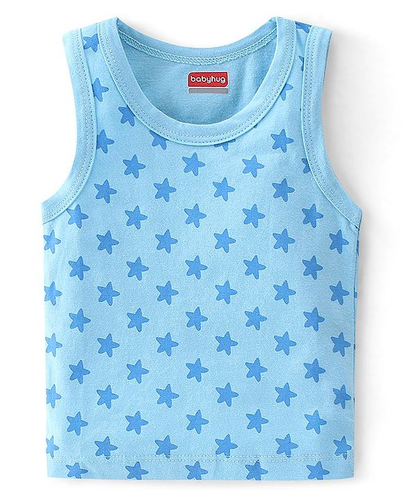 Babyhug 100% Cotton Knit Sleeveless Sando Stars Print Pack of 3 - Blue