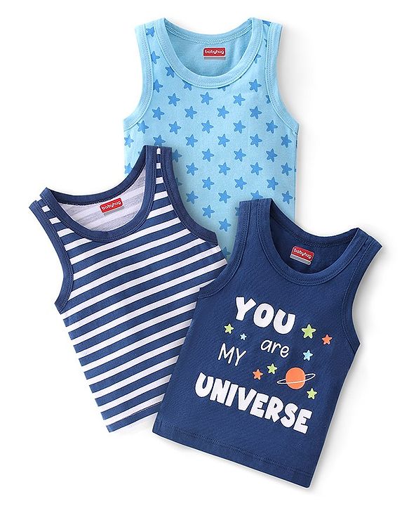 Babyhug 100% Cotton Knit Sleeveless Sando Stars Print Pack of 3 - Blue