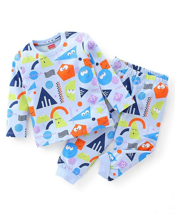 Babyhug Cotton Knit Full Sleeves Shapes Print Night Suit - Blue