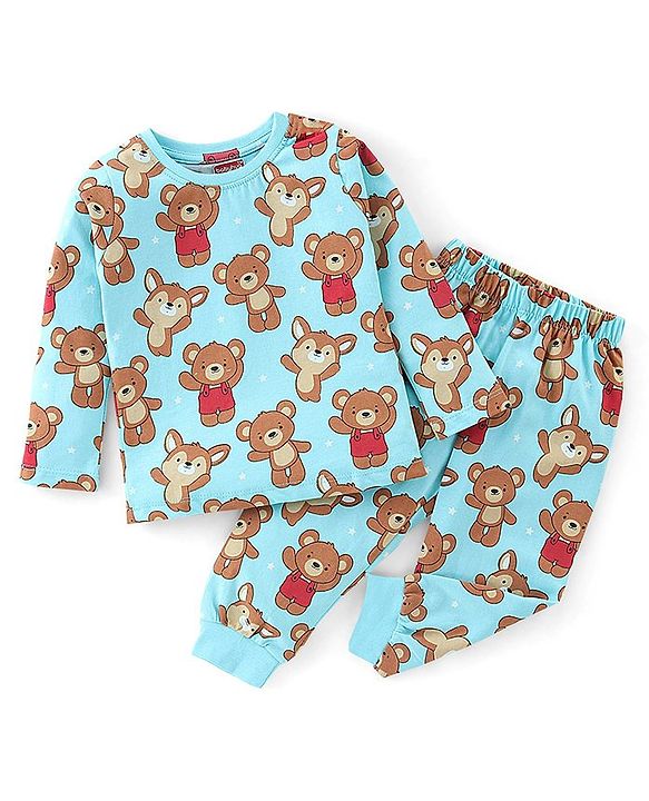 Babyhug Cotton Knit Full Sleeves Teddy Print Night Suit - Blue