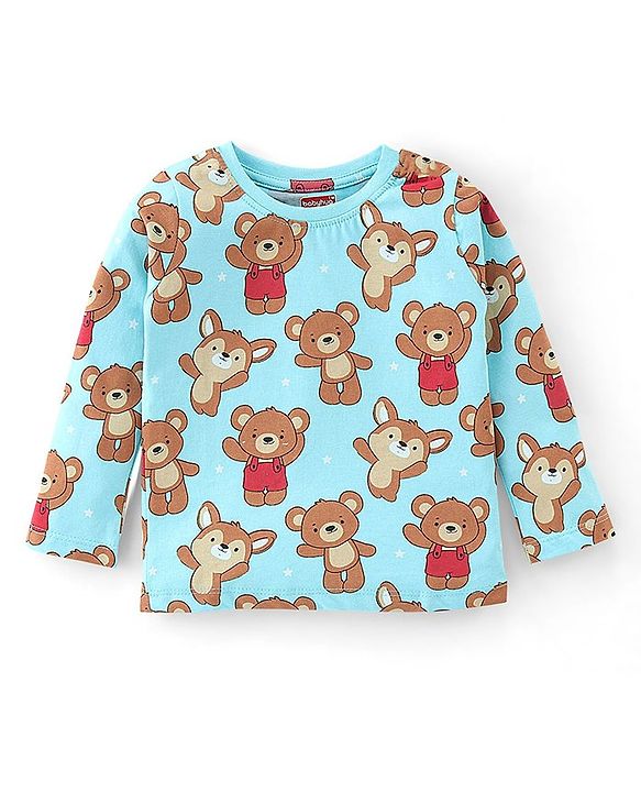 Babyhug Cotton Knit Full Sleeves Teddy Print Night Suit - Blue