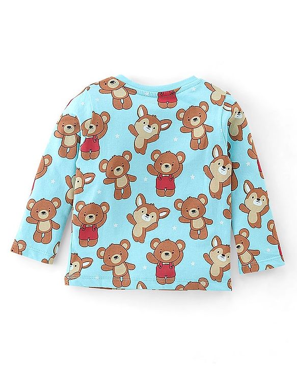 Babyhug Cotton Knit Full Sleeves Teddy Print Night Suit - Blue